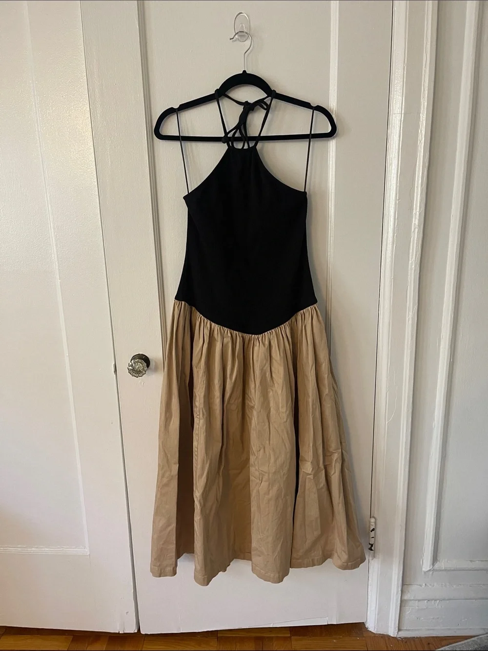 Anthropologie Tan Gathered Drop Waist Midi Halter Dress